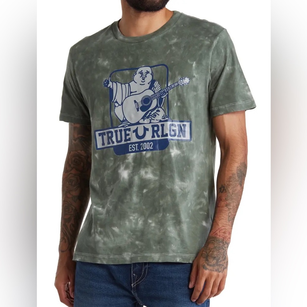 True Religion Mens Buddha Logo Graphic Tee Balsam Green Tie Dye Short Sleeve Tee
